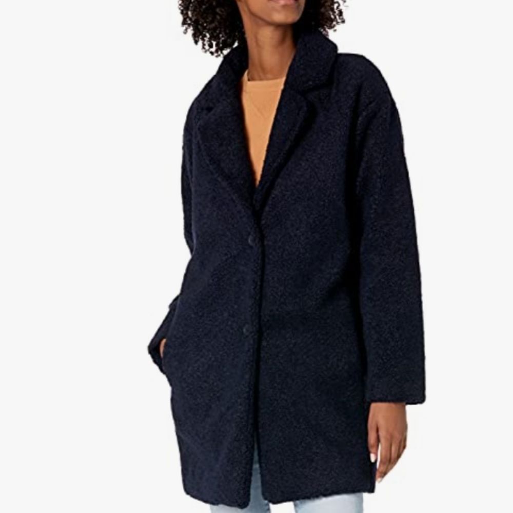 NWT Amazon Essentials Navy Blue Teddy Jacket Oversized Sherpa Trench Coat - S
